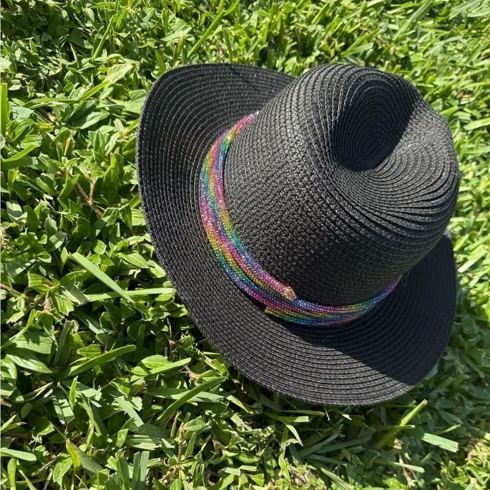 Black Hat with Rainbow Band Rhinestones Trim - Brand NEW - Adjustable
